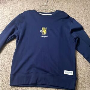 Life Is Good Blue Sweatshirt with Yellow Cat Design